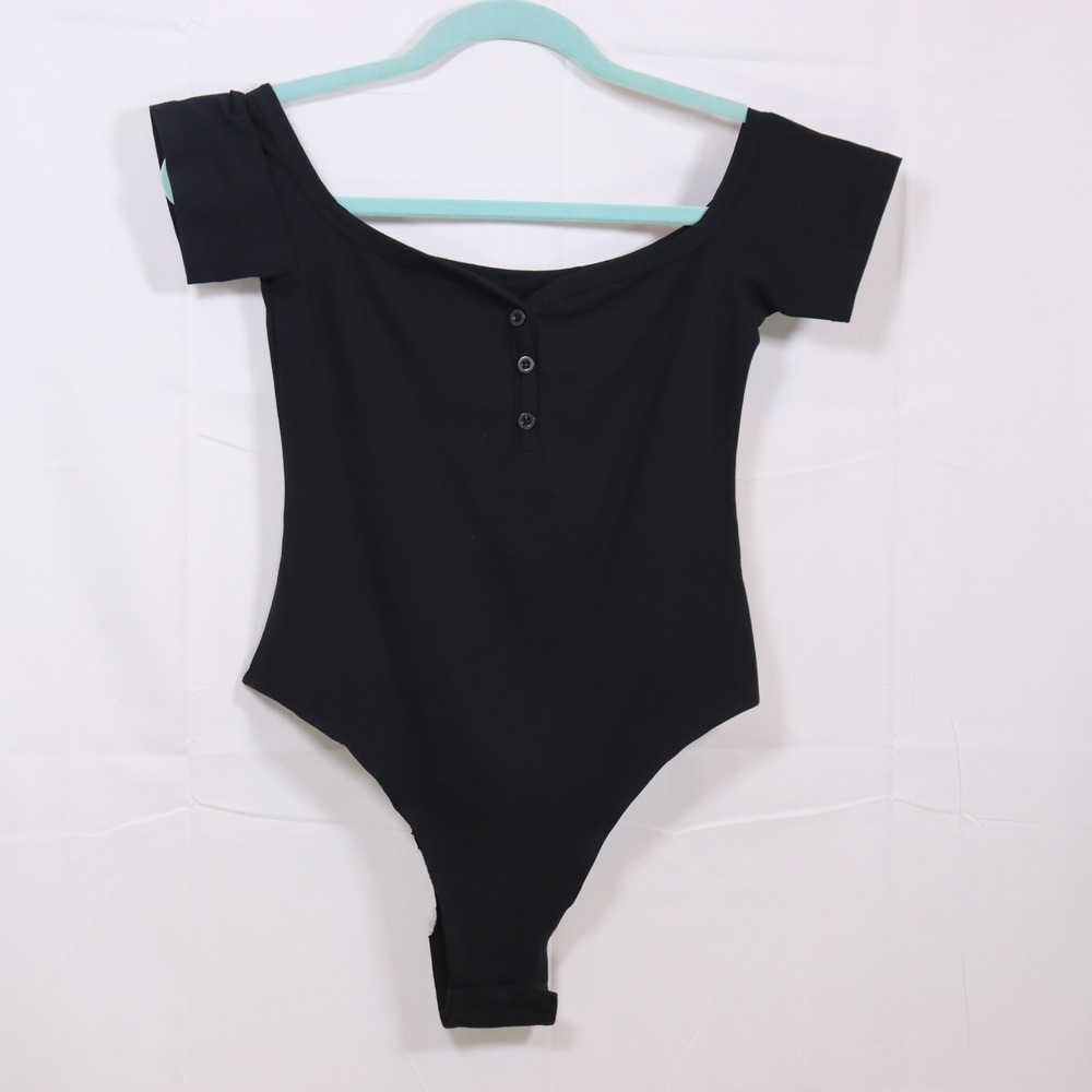 Off Shoulder Bodysuit S Black Womens Ribbed Henley Casual